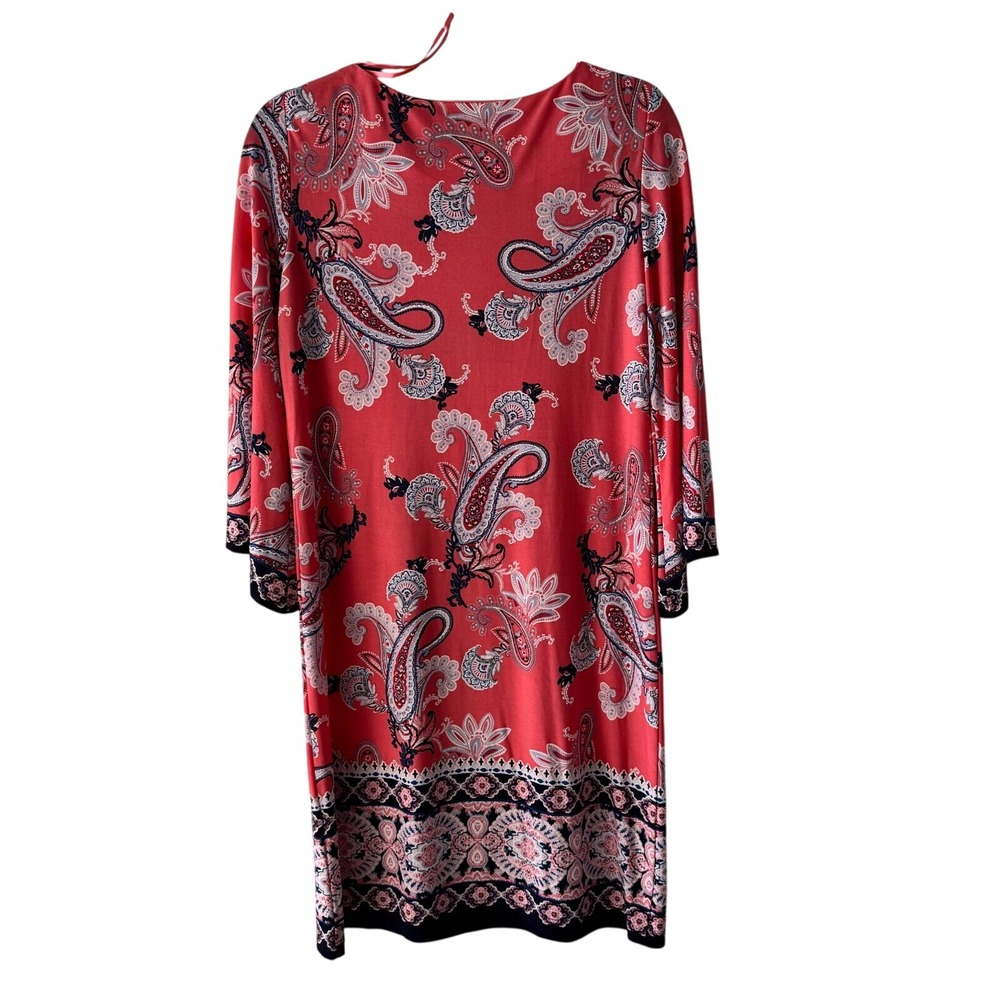 Sandra Darren Coral Red Paisley Print 3/4‎ Bell Sleeve Shift Dress Womens Small
